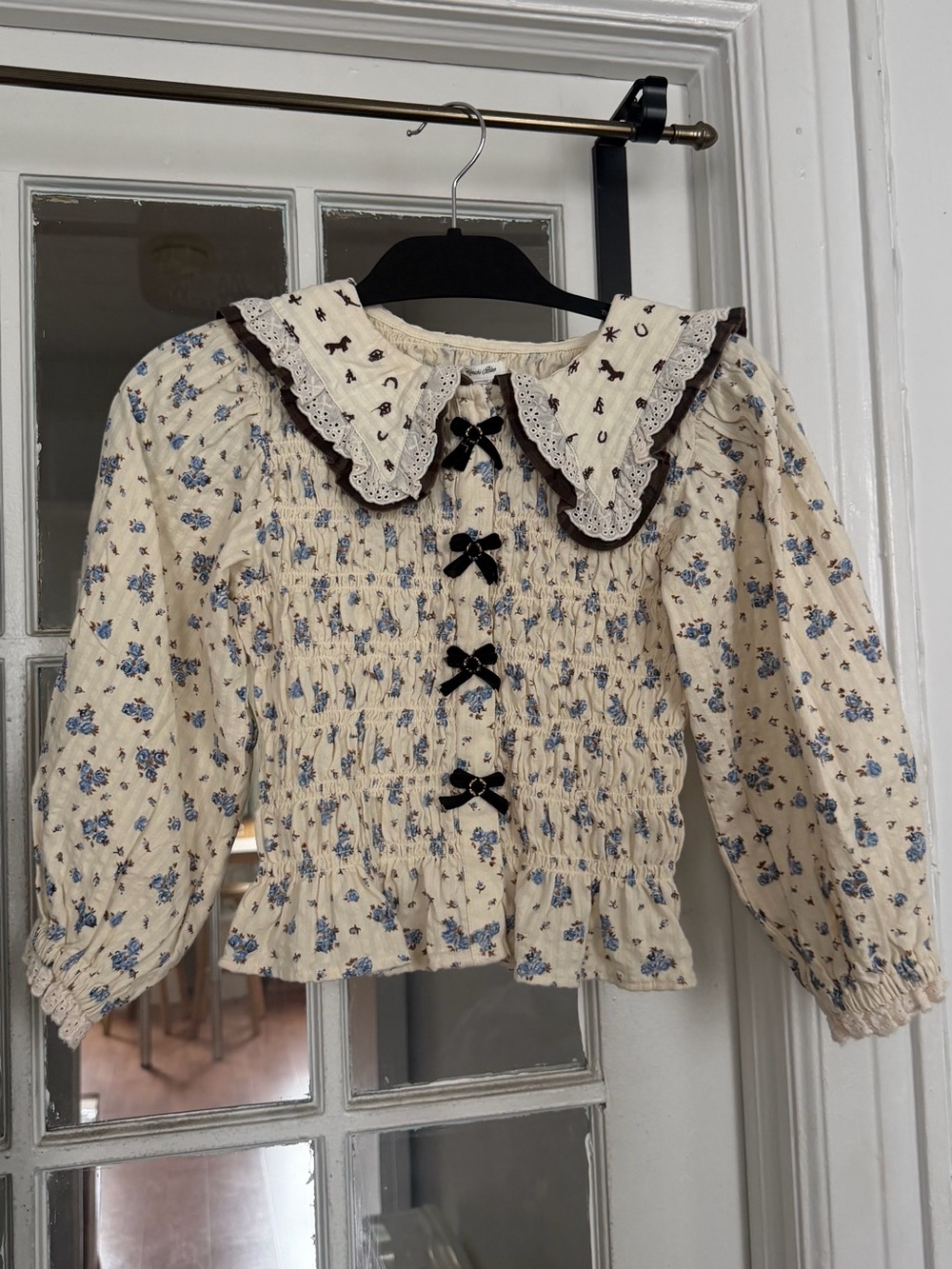 Kimchi Blue Cream Floral Smocked Top with Lace Collar